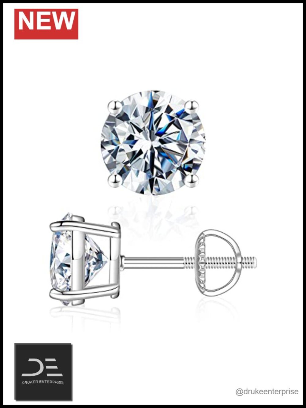 Lab Created Moissanite Stud Earrings 925 Sterling Silver Screw Back Round Cut